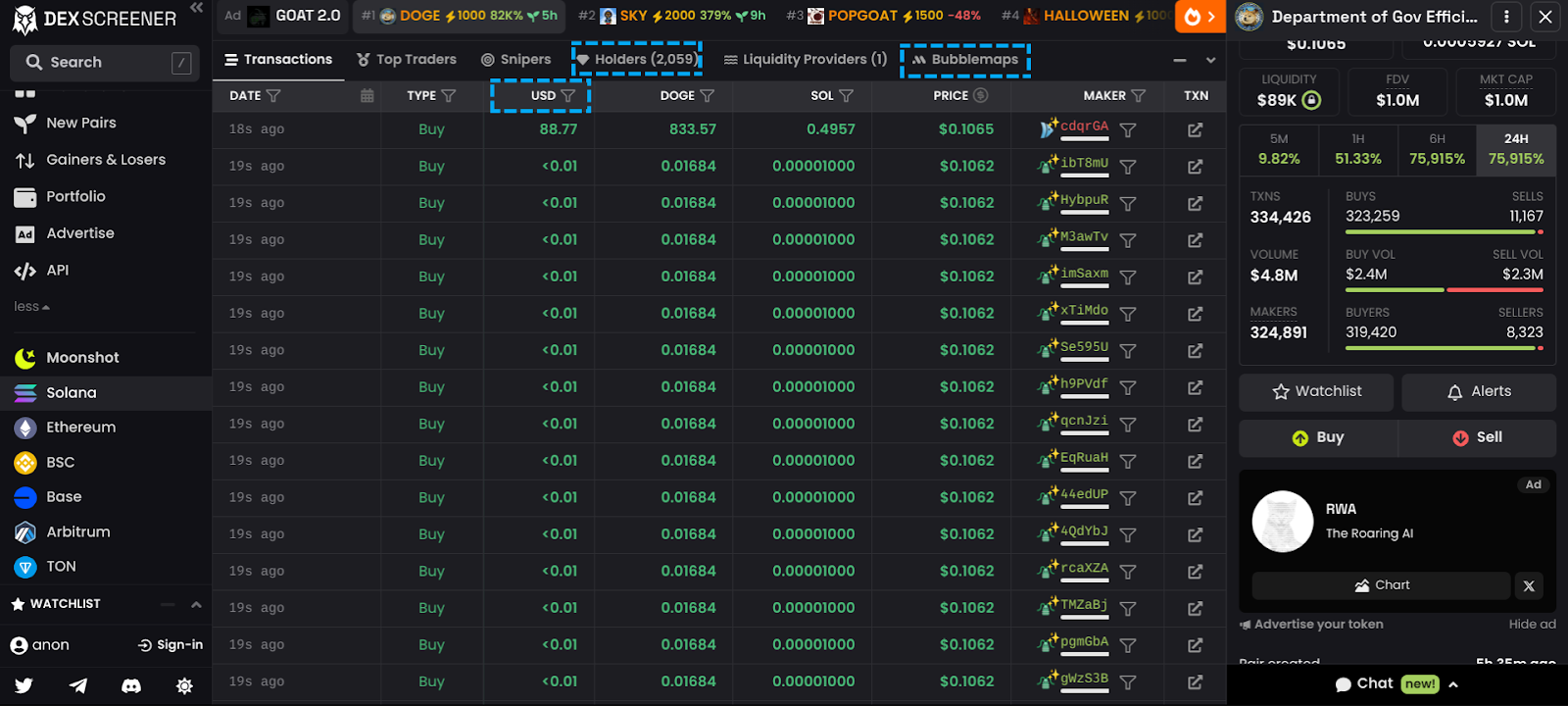 Screenshot of DEXscreener whale tracking wallet diving