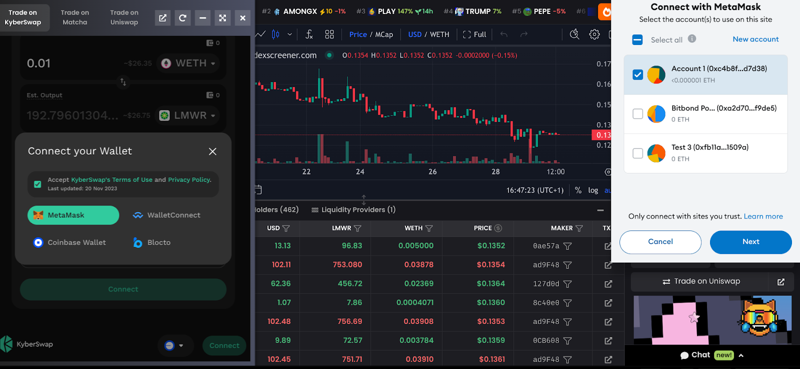 Screenshot of DEXscreener trading on DEX